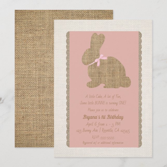 Invitation Pink & Burlap Rustic Bunny Pâques 1er anniversaire (Devant / Derrière)