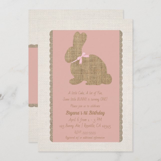 Invitation Pink & Burlap Rustic Bunny Pâques 1er anniversaire (Devant / Derrière)