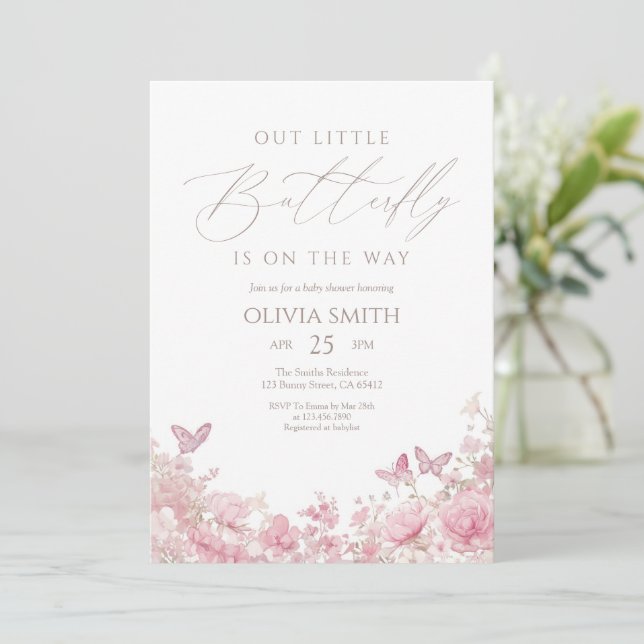 Invitation Pink Butterfly Floral Baby Shower (Debout devant)