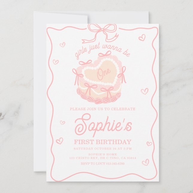 Invitation Pink Cake Bow Girls Veut Juste Être Un Anniversair (Devant)