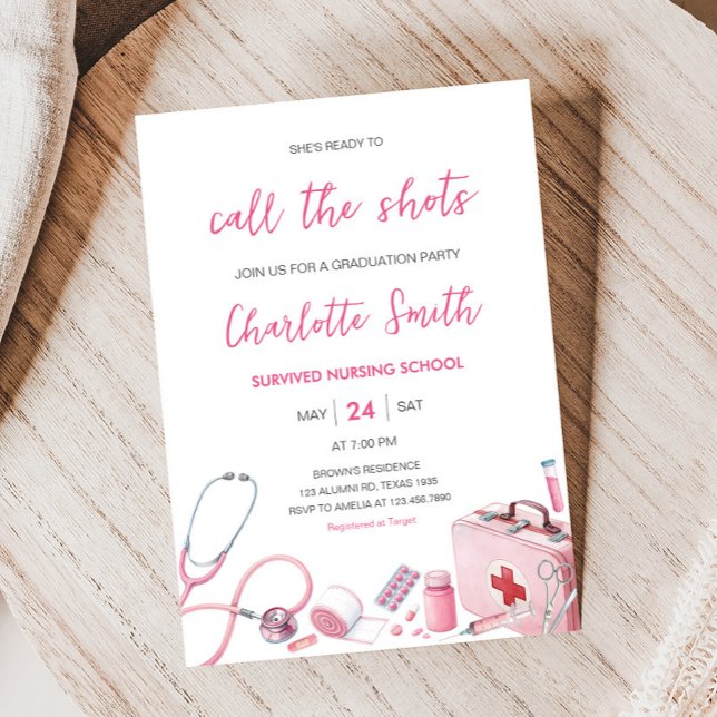 Invitation Pink Call the Shots Nursing Graduation Party (Call the Shots Nursing Graduation Party Invitation)