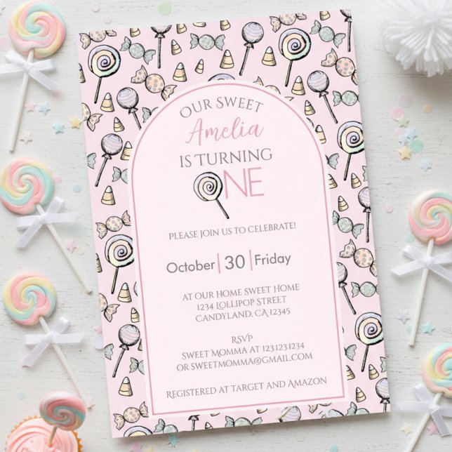 Invitation Pink Candy premier anniversaire Photo (Pink Sweet One Baby Girl Birthday Invitations. Lollipop & Candy Pattern for Cute Kids Birthday Party)