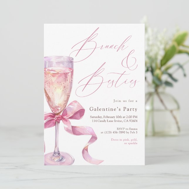 Invitation Pink Champagne Bow Brunch & Besties Galentine’s  (Debout devant)