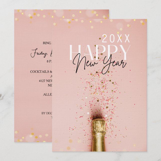 Invitation Pink Champagne Happy New Year Party (Devant / Derrière)