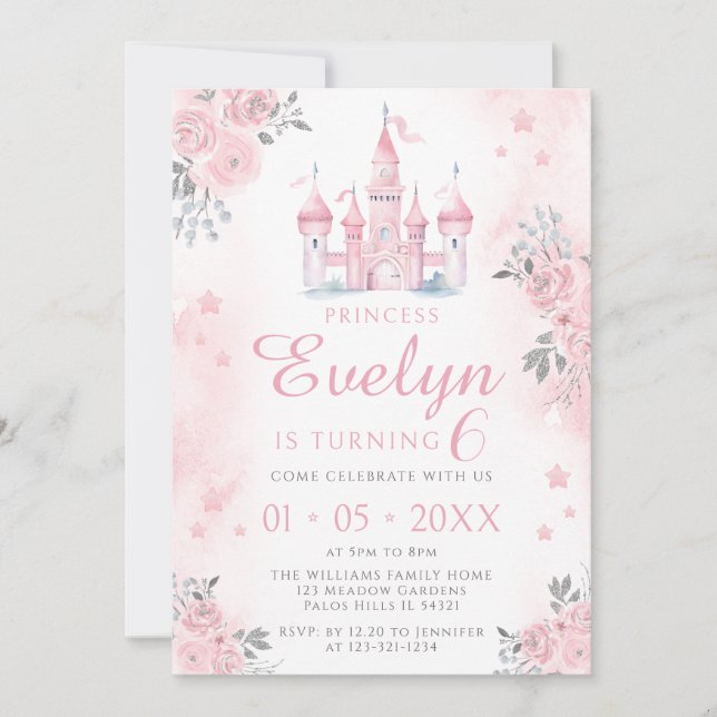 Invitation Pink château princesse anniversaire fille invitati (Devant)