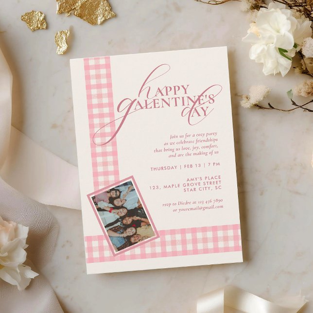 Invitation Pink Check Minimal Elegant Typography Galentine's (Créateur téléchargé)
