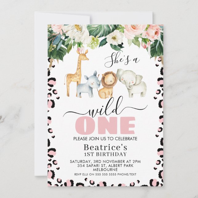 Invitation Pink Cheetah Print Girls Wild One 1er Anniversaire (Devant)