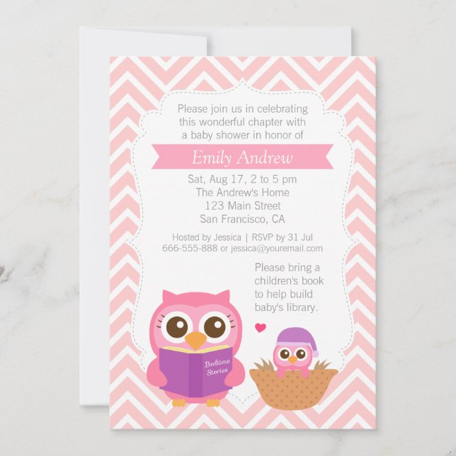 Invitation Pink Chevron Livre à thème Chouette Baby shower (Devant)