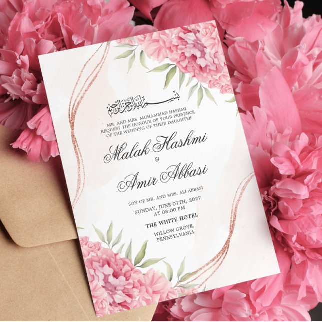 Invitation Pink Chic Floral et feuille Mariage musulman islam (Créateur téléchargé)