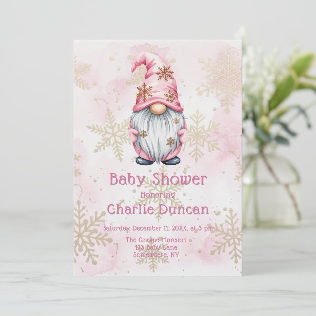 Invitation Pink Christmas Gnome Gold Snowflakes Baby Shower (Debout devant)
