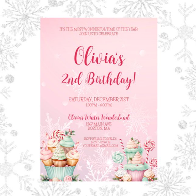Invitation Pink Christmas Snowflake Cupcake 2e anniversaire (Pink Christmas Two Sweet Snowflake Cupcake Birthday Invitation )