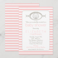 Pink Clamshell Plage rayée Baby shower à thème Inv