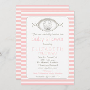 Invitation Pink Clamshell Plage rayée Baby shower à thème Inv