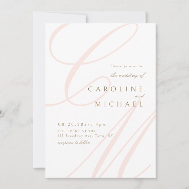 Invitation Pink Classic Elegance calligraphie monogramme mari (Devant)