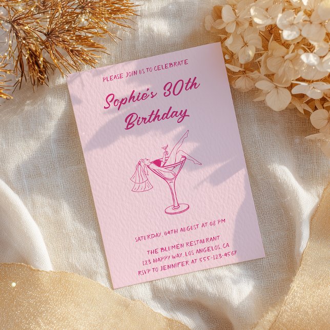 Invitation Pink Cocktail Party 30th Birthday | Retro Martini  (Créateur téléchargé)