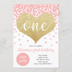 Invitation Pink Confetti Gold Heart ONE Girl First Birthday
