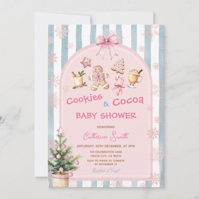 Invitation Pink Cookies and Cocoa Snowflakes Baby Shower  (Devant)