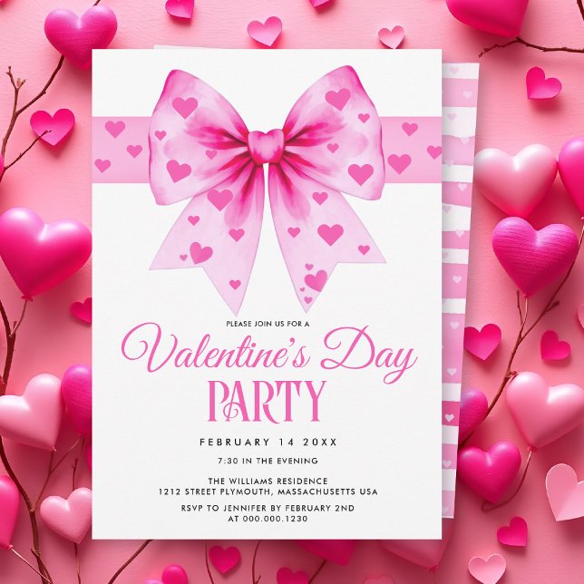 Invitation Pink coquette bow and hearts Valentine's Day party (Créateur téléchargé)