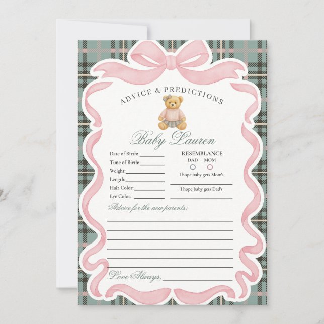 Invitation Pink Coquette Bow Bear Girl Advice for Baby Card (Devant)