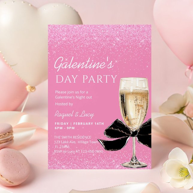 Invitation Pink Coquette Bow Galentine's Day Party (Black coquette bow Galentine's Day Party Invitation)