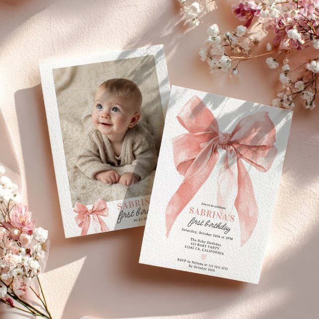 Invitation Pink Coquette Bow Girl 1st Birthday Party Photo (Pink Coquette Bow Girl 1st Birthday Party Photo Invitation)