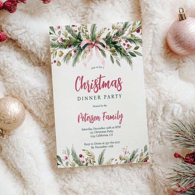 Invitation Pink Coquette Bow Grandmillennial Christmas Wreath (Pink Coquette Bow Grandmillennial Christmas Wreath Invitation)