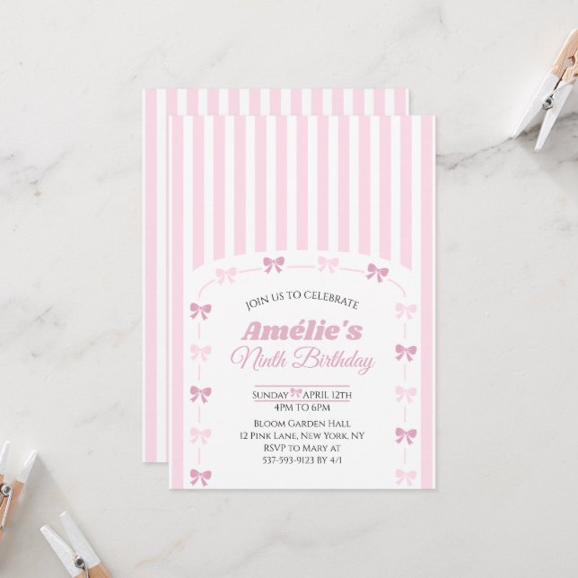 Invitation Pink Coquette Bow Ninth Birthday Party  (Devant/Arrière en situation)