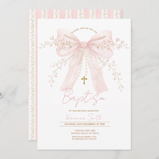 Invitation Pink Coquette Bow Pearls Baptism Christening (Devant / Derrière)