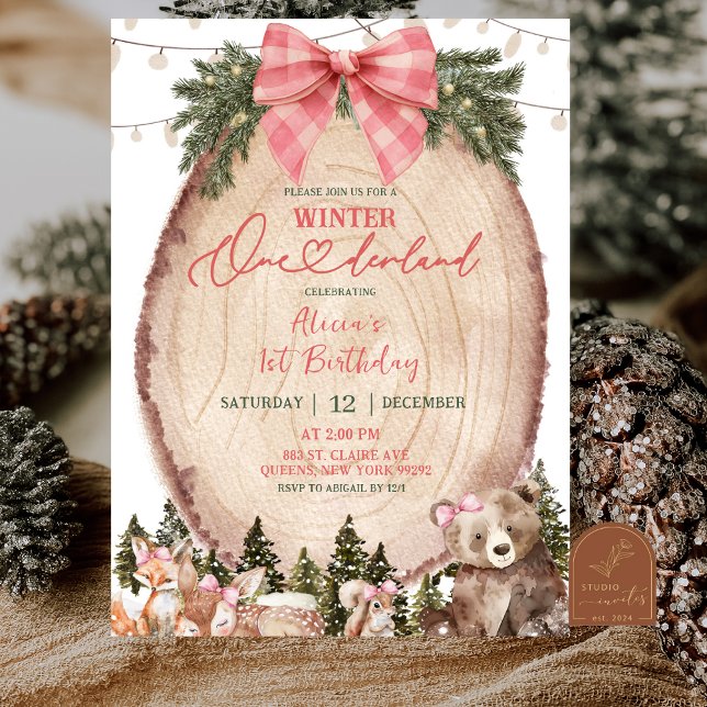 Invitation Pink Coquette Rustic Winter Forest 1st Birthday  (Créateur téléchargé)