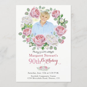 Invitation Pink Country Rose Wreath Photo 90th Birthday