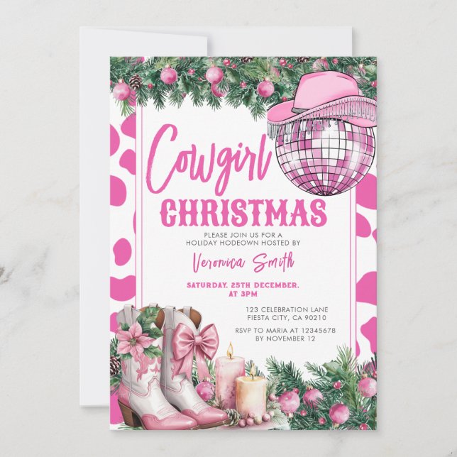 Invitation Pink Cowgirl Christmas Party Western Holiday Boots (Devant)