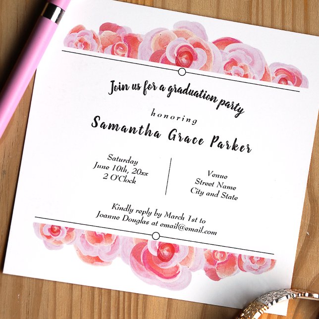 Invitation Pink & Creamsicle Botanique Rose (Peach, pink, and black floral graduation party invitation for a Spring botanical roses theme)