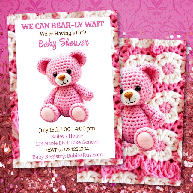 Invitation Pink Crocheted Teddy Bear Girl's Baby Shower (Créateur téléchargé)