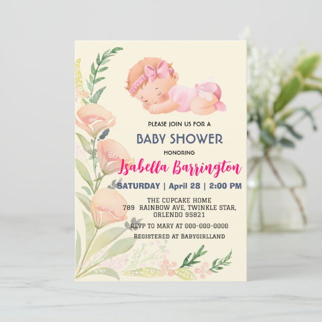 Invitation Pink Cute Baby Girl tulip fleurs baby shower enfan (Debout devant)