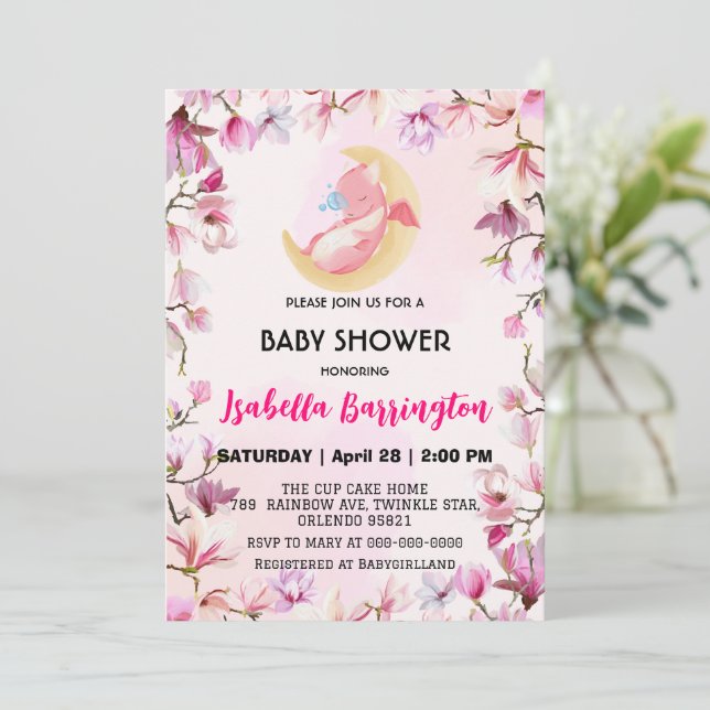 Invitation Pink Cute bébé dragon dino fleurs baby shower enfa (Debout devant)