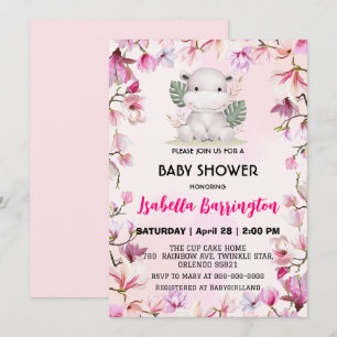Invitation Pink Cute bébé hippo fleur baby shower fleuri enfa