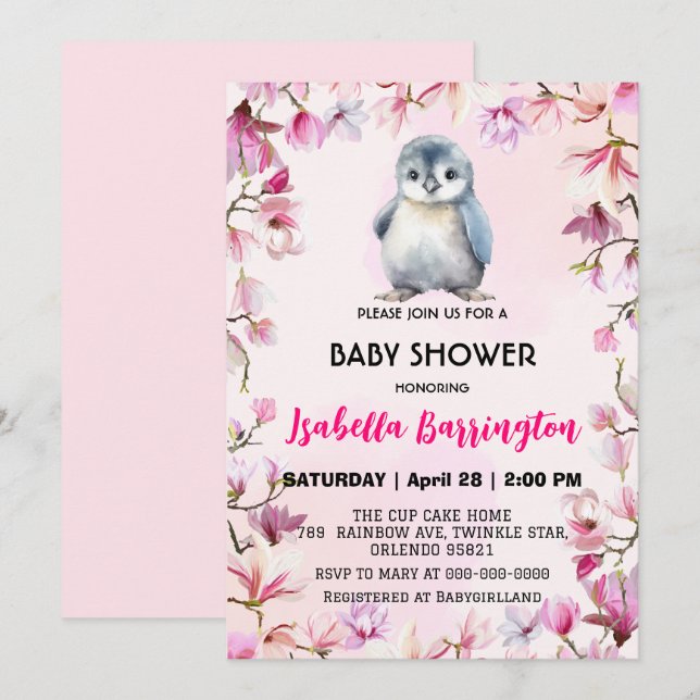 Invitation Pink Cute bébé pingouin fleurs baby shower enfants (Devant / Derrière)