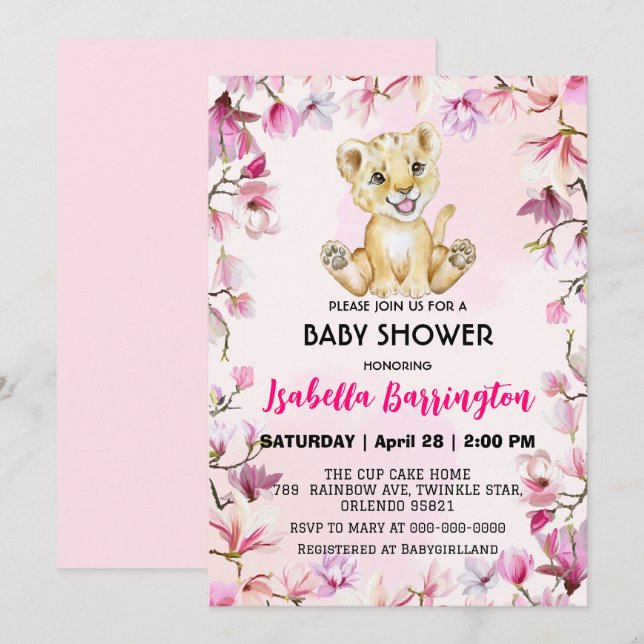 Invitation Pink Cute Lion cub fleurs sauvages baby shower enf (Devant / Derrière)