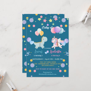 Invitation Pink Cute Magique Unicorn dinosaures fête d'annive