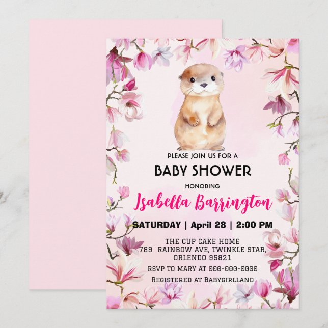 Invitation Pink Cute Otter cub fleurs sauvages baby shower en (Devant / Derrière)
