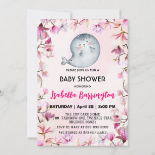 Invitation Pink Cute phoque lion fleur baby shower fleuri enf