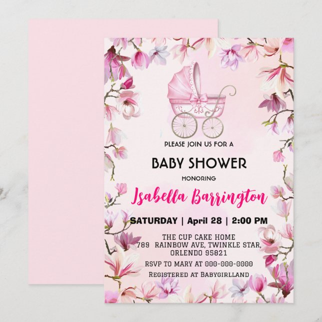 Invitation Pink Cute poussette fleurs baby shower enfants (Devant / Derrière)