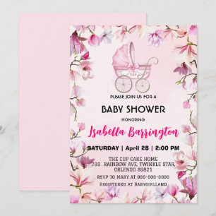 Invitation Pink Cute poussette fleurs baby shower enfants
