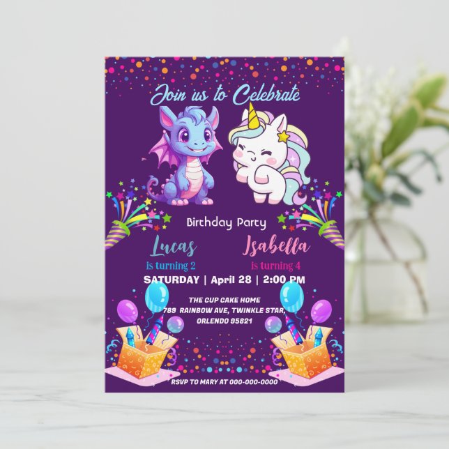 Invitation Pink Cute Rainbow Unicorn dinosaures 2e anniversai (Debout devant)