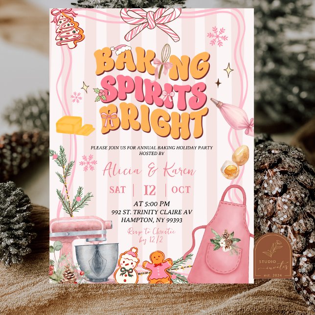 Invitation Pink Cute Retro Stripes Baking Spirits Bright (Créateur téléchargé)