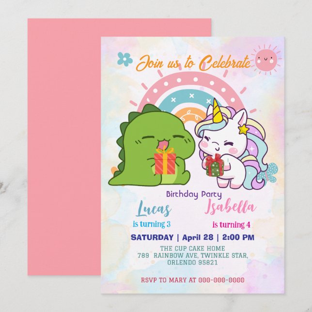 Invitation Pink Cute Unicorn dinosaures arc-en-ciel fête d'an (Devant / Derrière)