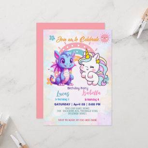 Invitation Pink Cute Unicorn dinosaures arc-en-ciel fête d'an