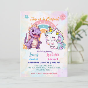 Invitation Pink Cute Unicorn dinosaures arc-en-ciel fête d'an