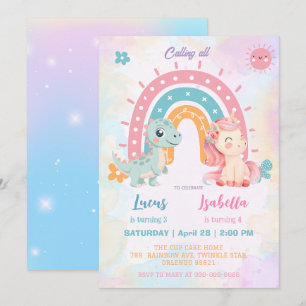 Invitation Pink Cute Unicorn dinosaures arc-en-ciel fête d'an