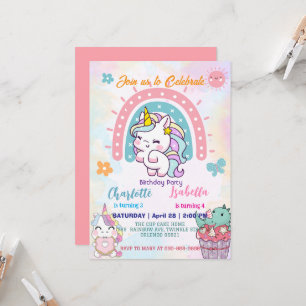 Invitation Pink Cute Unicorn dinosaures arc-en-ciel fête d'an